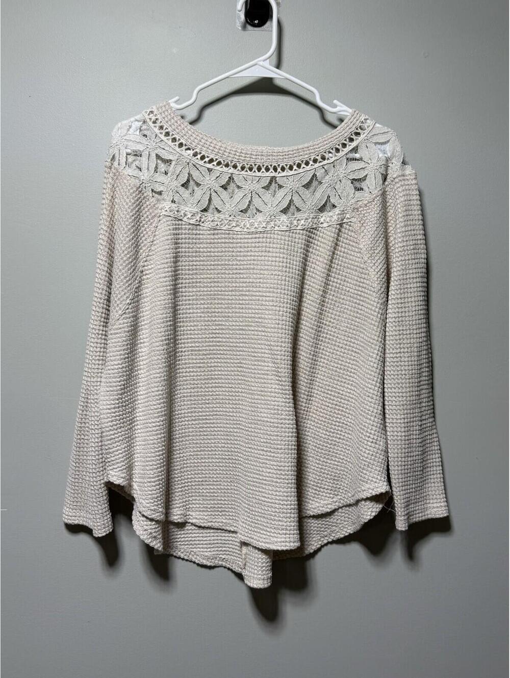 Mod On Trend Beige Waffle Knit Lace Top Boho Tunic L